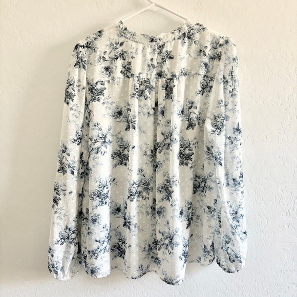 Maison d'Amelie Floral Blouse Long Sleeve Swiss Dot Ruffle Neck Sheer Top Medium - Picture 3 of 7